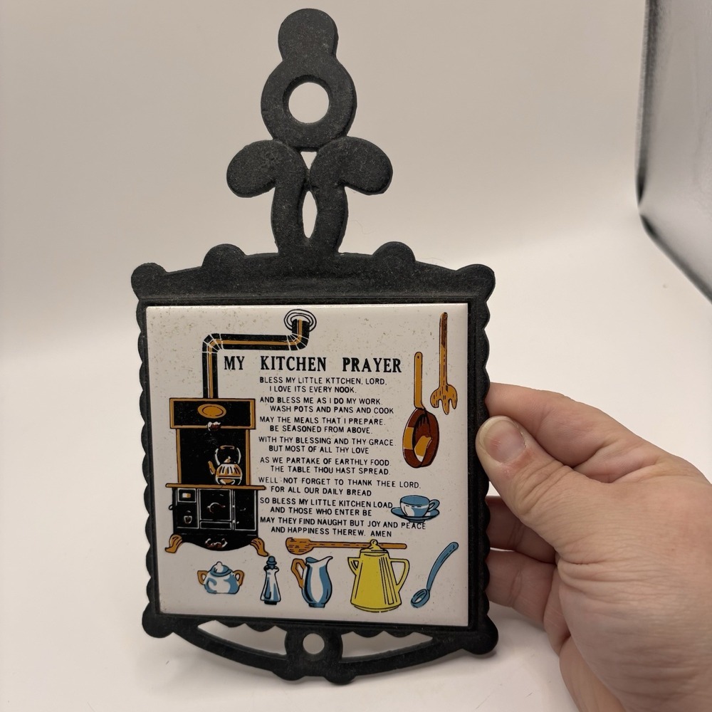 Vintage My Kitchen Prayer Tile Trivet on Cast Iron, Wall Hanging